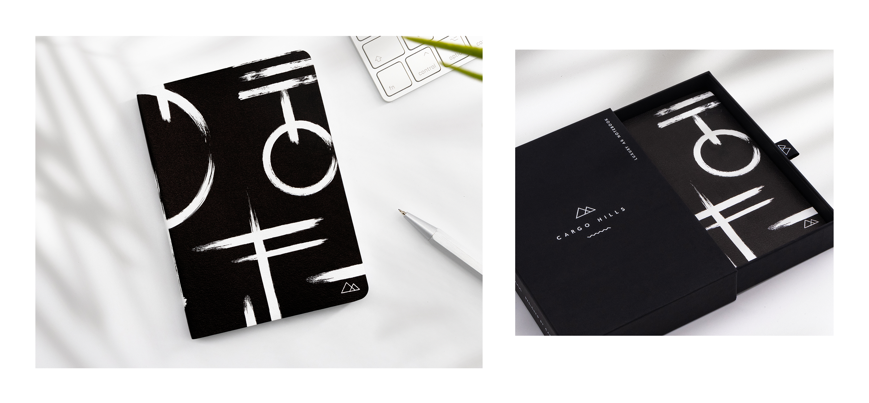 One image showing the Ruins notebook on a white table and the other image showing the same notebook in the black gift box